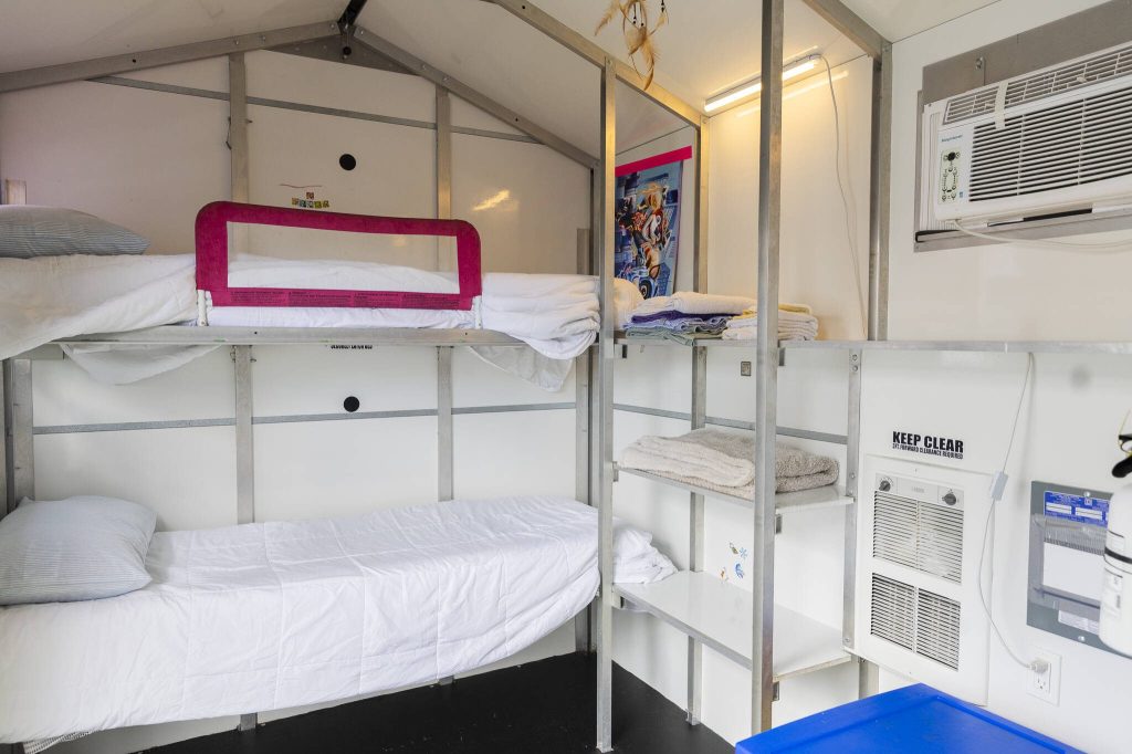 Inside one of the Pallet homes on Monday, May 19, 2025, in Everett, Washington. (Olivia Vanni / The Herald)