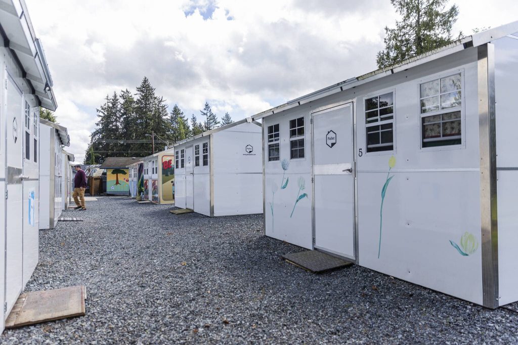 Madison Family Shelter Pallet home community on Monday, May 19, 2025 in Everett, Washington. (Olivia Vanni / The Herald)