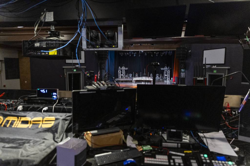 Inside the sound booth at the Everett Historic Theatre on Tuesday, May 13, 2025, in Everett, Washington. (Olivia Vanni / The Herald)