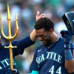 The Seattle Mariners' Julio Rodríguez (44) is congratulated by J.P. Crawford (3) after he hit a home run against the Athletics in the first inning at Sutter Health Park on Tuesday, May 6, 2025, in Sacramento, California. (Ezra Shaw / Getty Images / Tribune News Services)