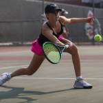 Snohomishs Mak Dauer hits the ball during the girls gold doubles championship match during the Snohomish Summer Smash at Snohomish High School in Snohomish, Washington on Sunday, July 21, 2024. (Annie Barker / The Herald)