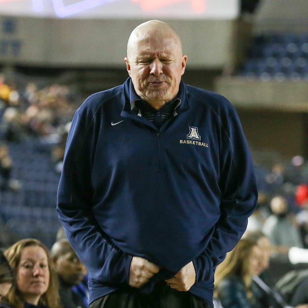 Joe Marsh, Arlington head coach, reacts to an intentional foul call in the final seconds against West Seattle at the Tacoma Dome on February 27, 2019. (Kevin Clark / The Herald)