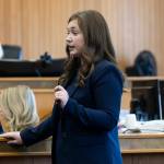 Snohomish County prosecutor Kara Van Slyck delivers closing statement during the trial of Christian Sayre at the Snohomish County Courthouse on Thursday, May 8, 2025 in Everett, Washington. (Olivia Vanni / The Herald)