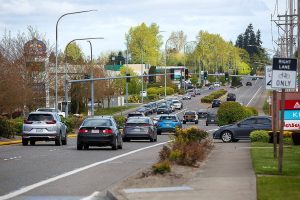 Vehicles travel along Mukilteo Speedway on Sunday, April 21, 2024, in Mukilteo, Washington. (Ryan Berry / The Herald)