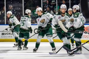 The Everett Silvertips warm up ahead of Game 6 of the WHL Playoffs First Round against the Seattle Thunderbirds at accesso ShoWare Center in Kent, Washington on April 7, 2025. (Photo courtesy: Dexter Guiang / Come as You Are Hockey)