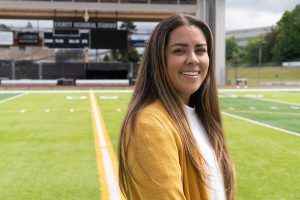 Dani Mundell, the athletic director at Everett Public Schools, at Everett Memorial Stadium on Wednesday, May 14, 2025 in Everett, Washington. (Will Geschke / The Herald)