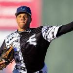 Everett AquaSox pitcher Jurrangelo Cijntje throw against the Tri-City Dust Devils at Funko Field on May 10, 2025. (Photo courtesy of Shari Sommerfeld / Everett AquaSox)