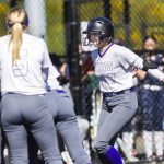 Lake Stevens McKenna Richer runs to her teammates surrounding home plate after hitting a home run during the game against Juanita on Monday, May 12, 2025 in Everett, Washington. (Olivia Vanni / The Herald)