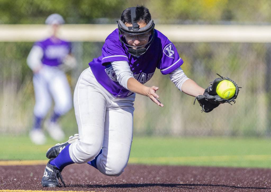 Kamiaks Frances Famatiga makes a stop in the infield during the game against North Creek on Monday, May 12, 2025 in Everett, Washington. (Olivia Vanni / The Herald)