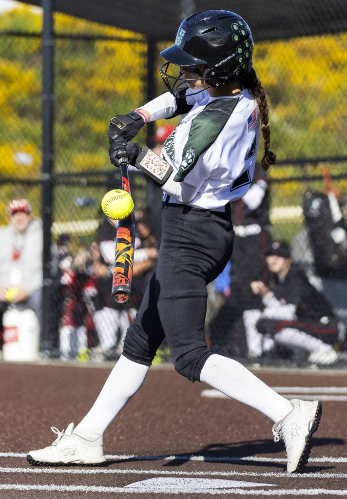 Jacksons Reese Westman hits the ball during the game on Monday, May 12, 2025 in Everett, Washington. (Olivia Vanni / The Herald)