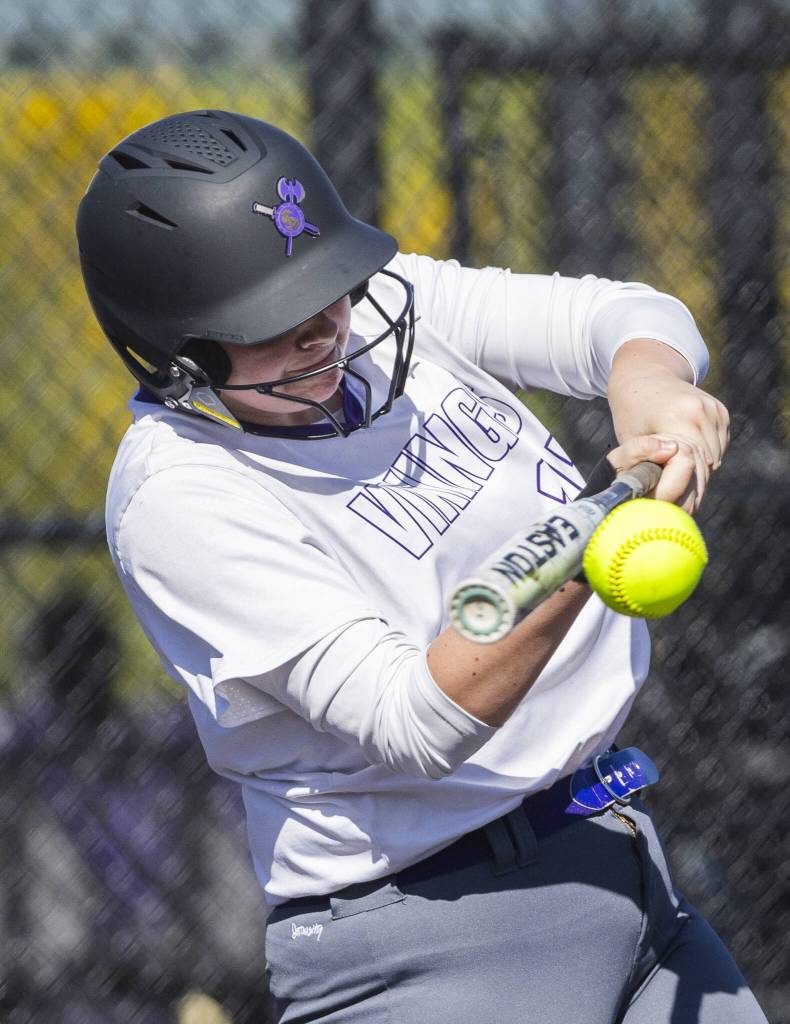 Lake Stevens Alexis Osterholtz gets a hit during the game against Juanita on Monday, May 12, 2025 in Everett, Washington. (Olivia Vanni / The Herald)