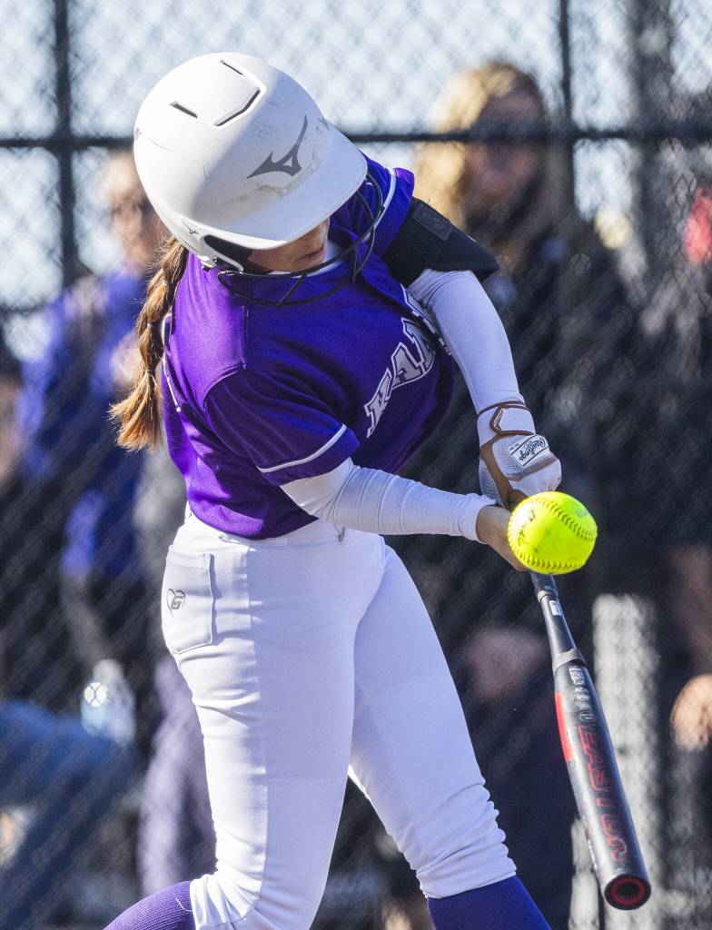 Kamiaks Cam Hansen tips the ball while at bat during the game against North Creek on Monday, May 12, 2025 in Everett, Washington. (Olivia Vanni / The Herald)
