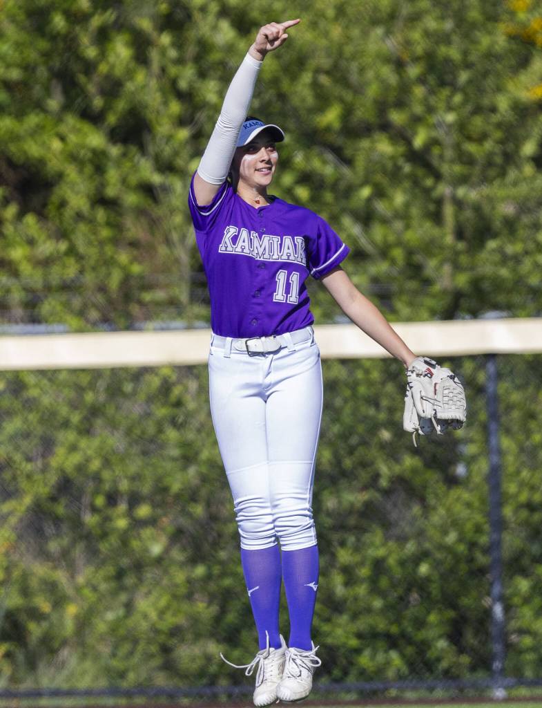 Kamiaks Tyler Karabach jumps in the air in the outfield during the game against North Creek on Monday, May 12, 2025 in Everett, Washington. (Olivia Vanni / The Herald)