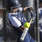 Glacier Peaks Alexis Garcia tips the ball while at bat during the game against Issaquah on Monday, May 12, 2025 in Everett, Washington. (Olivia Vanni / The Herald)