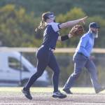 Glacier Peaks Audrey Fortune makes a throw to first base for an out during the game against Issaquah on Monday, May 12, 2025 in Everett, Washington. (Olivia Vanni / The Herald)