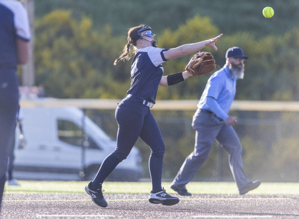 Glacier Peaks Audrey Fortune makes a throw to first base for an out during the game against Issaquah on Monday, May 12, 2025 in Everett, Washington. (Olivia Vanni / The Herald)