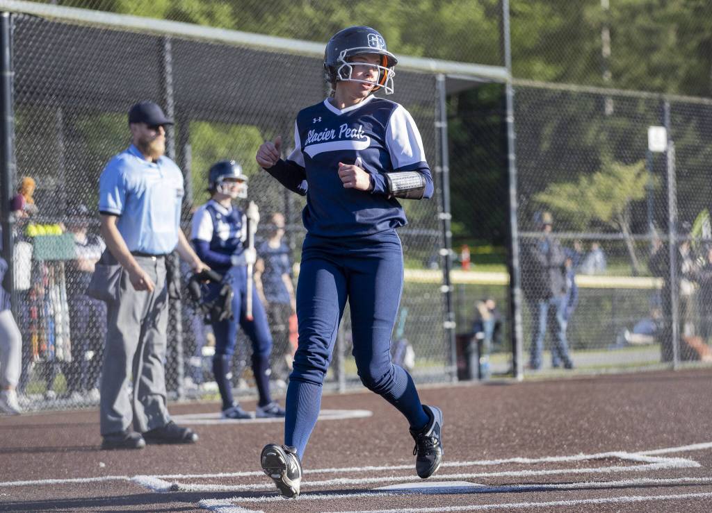 Glacier Peaks Samantha Nielsen runs across home plate during the game against Issaquah on Monday, May 12, 2025 in Everett, Washington. (Olivia Vanni / The Herald)