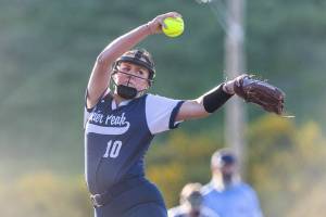 Glacier Peak’s Emma Hirshorn throws a pitch during the game against Issaquah on Monday, May 12, 2025 in Everett, Washington. (Olivia Vanni / The Herald)