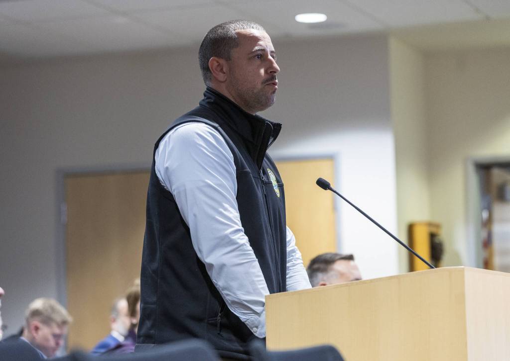 Marcus Reeves speaks during a public hearing about Critical Area Regulations Update on Ordinance 24-097 on Wednesday, May 14, 2025 in Everett, Washington. (Olivia Vanni / The Herald)