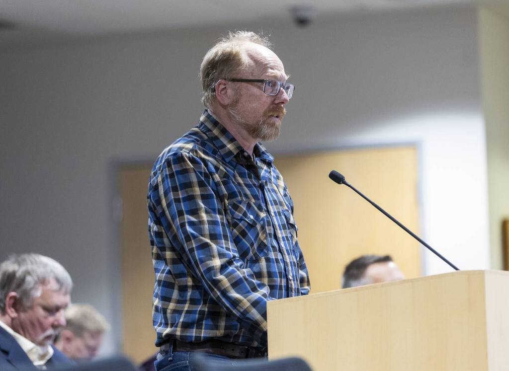 Todd Gray speaks during a public hearing about Critical Area Regulations Update on Ordinance 24-097 on Wednesday in Everett. (Olivia Vanni / The Herald)