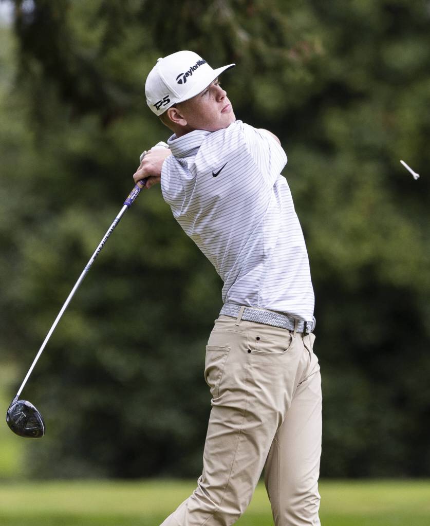 Glacier Peaks Kason Swanson hits a drive during the 4A District 1 Boys Golf Championship at Legion Memorial Golf Course on Tuesday, May 13, 2025 in Everett, Washington. (Olivia Vanni / The Herald)
