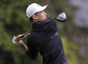 Kamiak’s Aaron Choi hits a drive during the 4A District 1 Boys Golf Championship at Legion Memorial Golf Course on Tuesday, May 13, 2025 in Everett, Washington. (Olivia Vanni / The Herald)