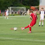 Archbishop Murphy senior Zach Mohr sends a penalty kick into the bottom right corner to give the Wildcats a 2-0 lead in the final minutes of the first half against Anacortes during their 3-0 win in the District 1 2A Boys Soccer quarterfinals in Everett, Washington on May 8, 2025. (Joe Pohoryles / The Herald)