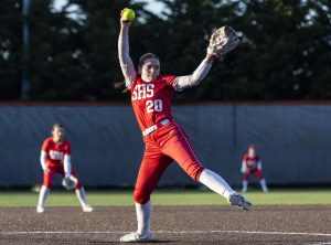 Stanwood’s Addi Anderson pitches during the game against Monroe on Thursday, May 1, 2025 in Monroe, Washington. (Olivia Vanni / The Herald)