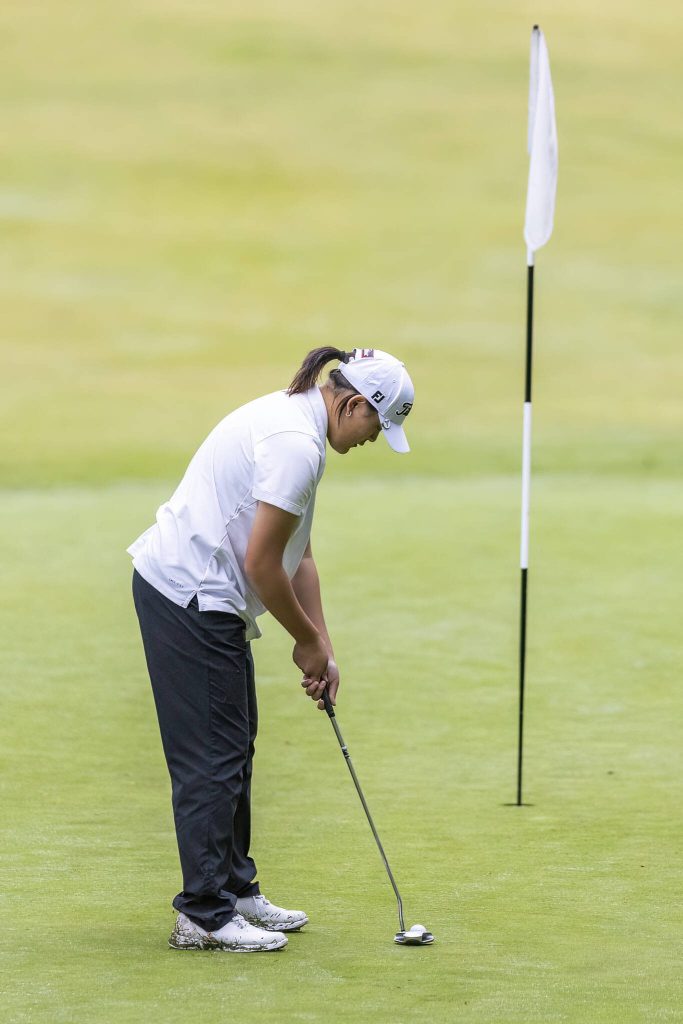 Jacksons Karen Shin putts during the 4A District 1 Golf Tournament at Snohomish Golf Course on Wednesday, May 14, 2025 in Snohomish, Washington. (Olivia Vanni / The Herald)