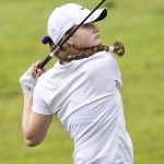 Kamiaks Sarah Dyer uses an iron from the tee box during the 4A District 1 Golf Tournament at Snohomish Golf Course on Wednesday, May 14, 2025 in Snohomish, Washington. (Olivia Vanni / The Herald)