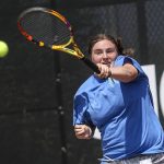 Shorewoods Rylie Gettmann hits the ball during a Class 3A District 1 girls tennis tournament at Snohomish High School in Snohomish, Washington on Wednesday, May 15, 2024. (Annie Barker / The Herald)