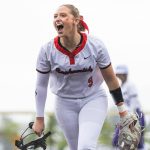 Snohomish’s Abby Edwards yells after beating Edmonds-Woodway in the 3A District 1 consolation game on Thursday, May 15, 2025 in Snohomish, Washington. (Olivia Vanni / The Herald)