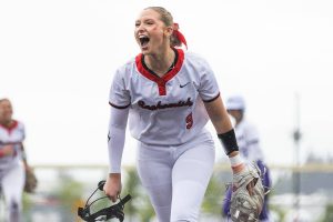 Snohomish’s Abby Edwards yells after beating Edmonds-Woodway in the 3A District 1 consolation game on Thursday, May 15, 2025 in Snohomish, Washington. (Olivia Vanni / The Herald)