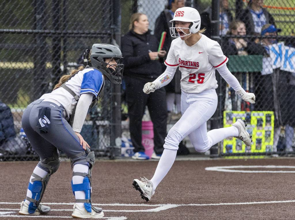 Stanwoods Reagan Ryan reacts to scoring during the 3A District 1 championship game against Sedro-Woolley on Thursday, May 15, 2025 in Everett, Washington. (Olivia Vanni / The Herald)