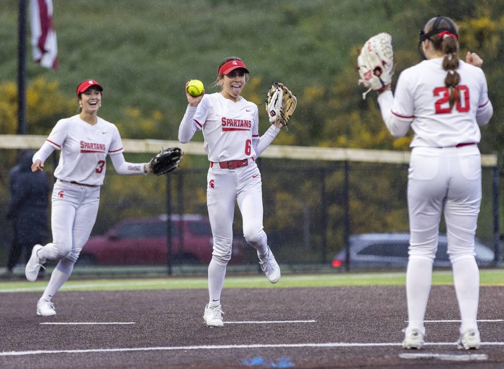 Stanwoods Jemma Lopez reacts to making a catch for an out during the 3A District 1 championship game against Sedro-Woolley on Thursday, May 15, 2025 in Everett, Washington. (Olivia Vanni / The Herald)