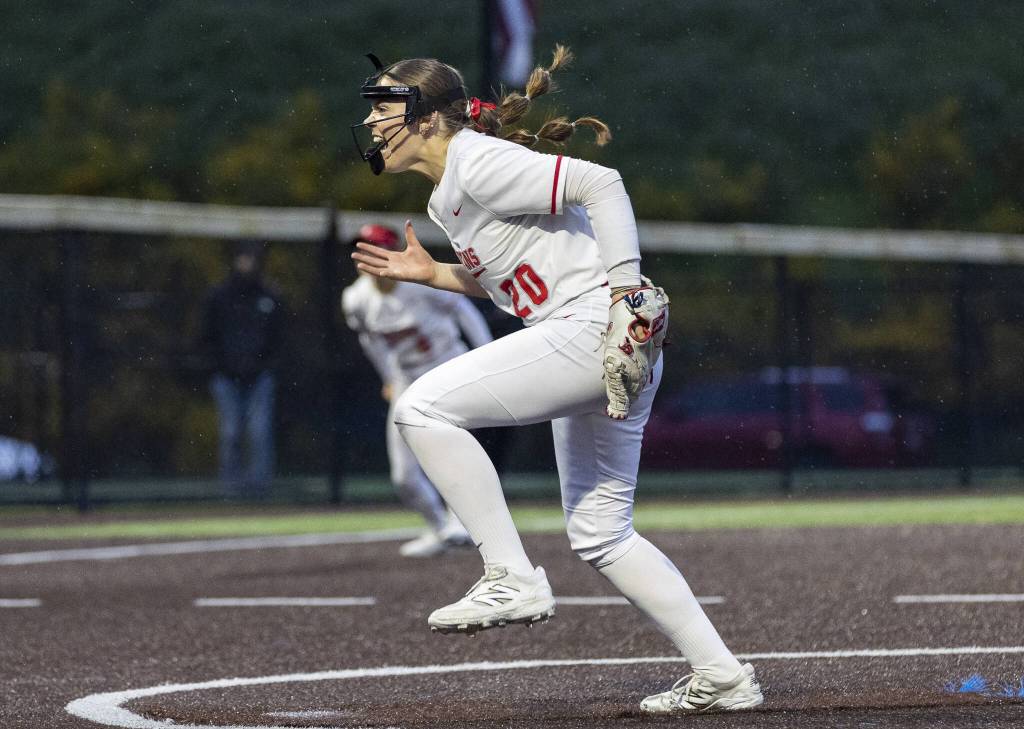 Stanwoods Addi Anderson reacts to getting a strike out during the 3A District 1 championship game against Sedro-Woolley on Thursday, May 15, 2025 in Everett, Washington. (Olivia Vanni / The Herald)