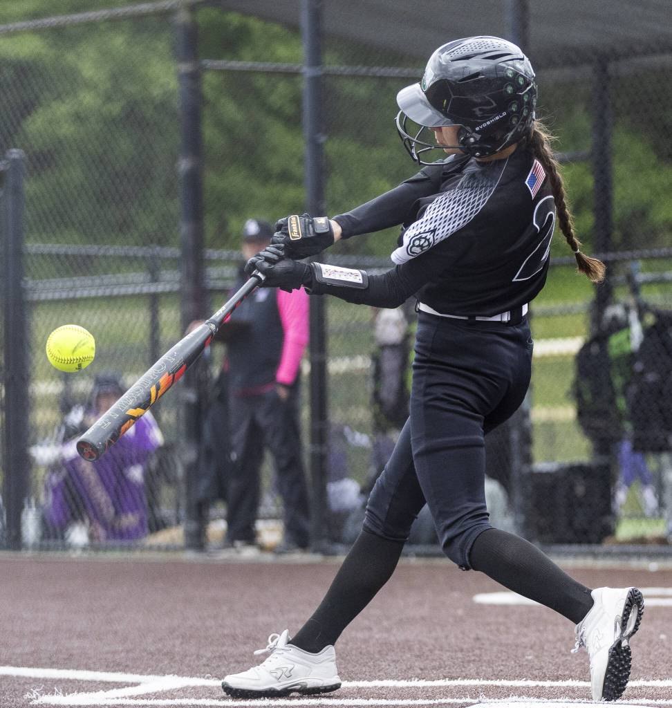 Jacksons Reese Westman gets a hit during the 4A District 1 game against Lake Stevens on Friday, May 16, 2025 in Everett, Washington. (Olivia Vanni / The Herald)