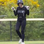 Jacksons Mia Ediger puts her arms up after making it to second base during the 4A District 1 game against Lake Stevens on Friday, May 16, 2025 in Everett, Washington. (Olivia Vanni / The Herald)