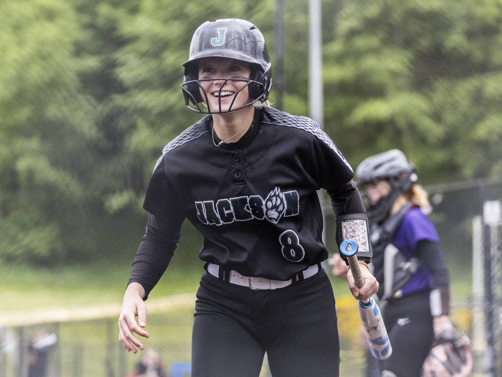 Jacksons Claire Kessinger smiles after scoring during the 4A District 1 game against Lake Stevens on Friday, May 16, 2025 in Everett, Washington. (Olivia Vanni / The Herald)