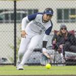 Glacier Peaks Samantha Christensen fields a ball in the outfield during the 4A District 1 consolation game against North Creek on Friday, May 16, 2025 in Everett, Washington. (Olivia Vanni / The Herald)