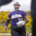 Lake Stevens Mara Sivley smiles after getting a strike out during the 4A District 1 game against Jackson on Friday, May 16, 2025 in Everett, Washington. (Olivia Vanni / The Herald)