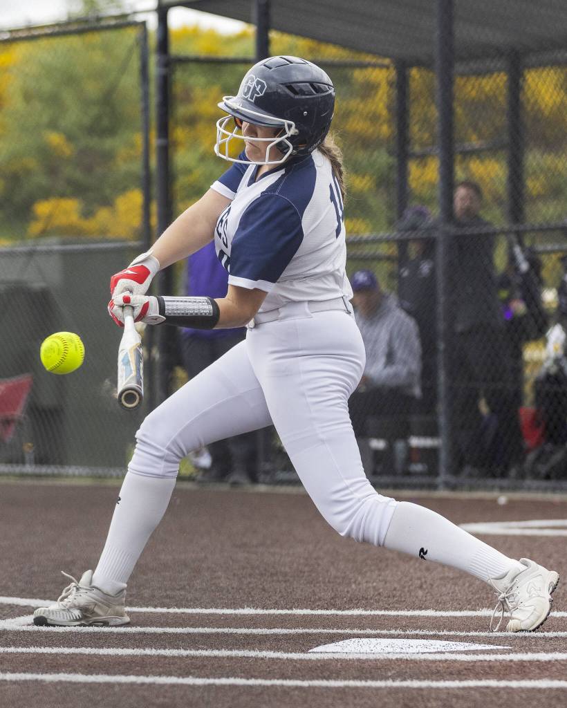 Glacier Peaks Emma Hirshorn gets a hit during the 4A District 1 consolation game against North Creek on Friday, May 16, 2025 in Everett, Washington. (Olivia Vanni / The Herald)
