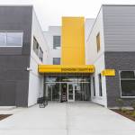 The public entrance of the new Snohomish County 911 building along Evergreen Mall Way on Tuesday, May 20, 2025, in Everett, Washington. (Olivia Vanni / The Herald)