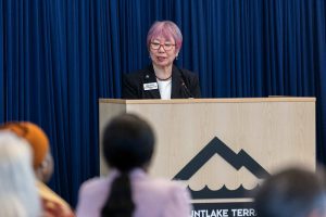 Mountlake Terrace Mayor Kyoko Matsumoto Wright speaks during the State of the City prevention at City Hall on Wednesday, May 21, 2025 in Mountlake Terrace, Washington. (Olivia Vanni / The Herald)