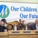 Marysville School Board President Connor Krebbs, center, speaks during a school board meeting before voting on school closures in the district on Wednesday, Jan. 22, 2025 in Marysville, Washington. (Olivia Vanni / The Herald)