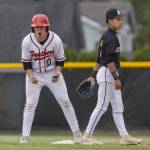Snohomishs Enzo Porletto yells after making it to second base during the opening round 3A state game against Bellevue on Tuesday, May 20, 2025 in Snohomish, Washington. (Olivia Vanni / The Herald)