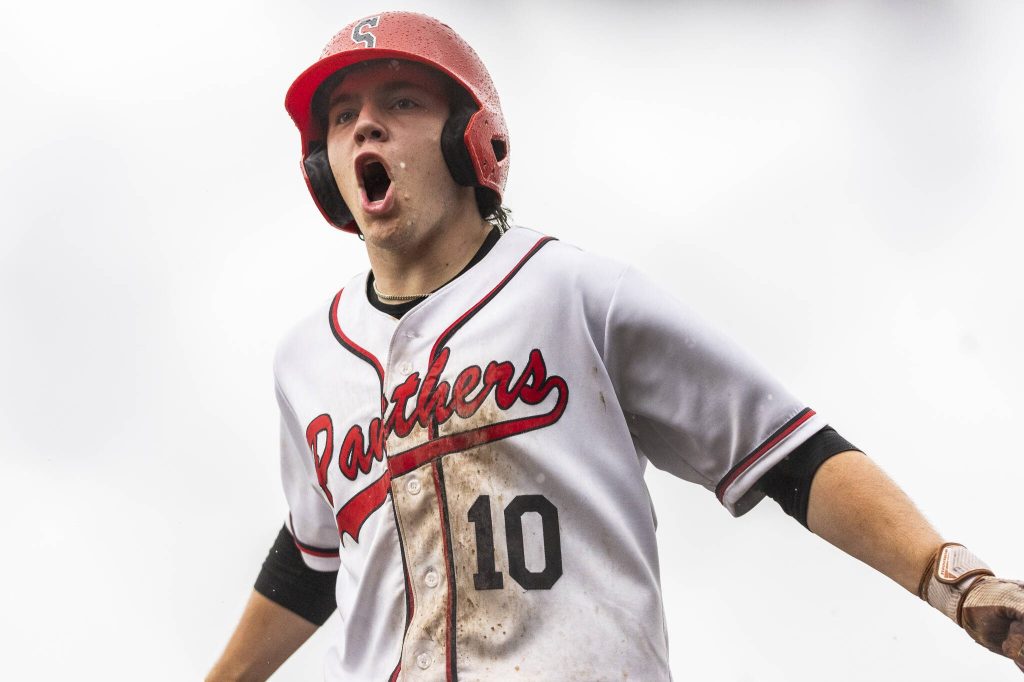 Snohomishs Enzo Porletto yells after scoring during the opening round 3A state game against Bellevue on Tuesday, May 20, 2025 in Snohomish, Washington. (Olivia Vanni / The Herald)