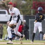 Snohomish’s Luke Davis yells after getting an out at first base during the opening round 3A state game against Bellevue on Tuesday, May 20, 2025 in Snohomish, Washington. (Olivia Vanni / The Herald)