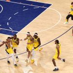 Indiana Pacers guard Tyrese Haliburton (0) is congratulated by his teammates after scoring a game-tying basket against the New York Knicks as time expires in the fourth quarter in Game 1 of the Eastern Conference finals at Madison Square Garden on Wednesday, May 21, 2025, in New York. (Al Bello / Getty Images / Tribune News Services)