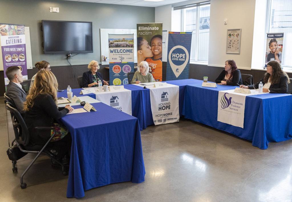 Snohomish County Human Services Director Mary Jane Brell Vujovic speaks at a roundtable about the Trump administration restricting homelessness assistance funding on Thursday, May 29, 2025 in Everett, Washington. (Olivia Vanni / The Herald)